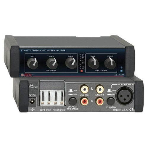 RDL EZ-MXA20 20W Stereo Audio Mixer-Amplifier with EQ and Power Supply, 8 ohm