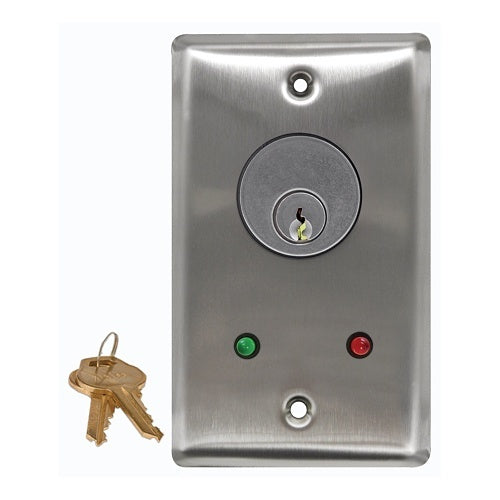 Camden CM-1290-7224-60KA CM-1200 Series Flush Mount Key Switch, DPDT Maintained, Mortise Cylinder, Keyed Alike, Red and Green 24V LEDs, Stainless Steel