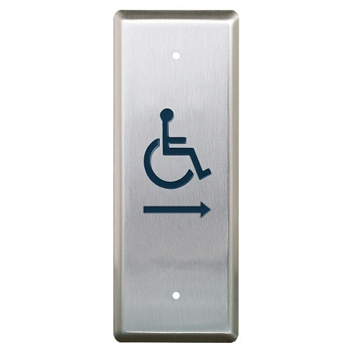 Camden CM-25/2AR Narrow Push Plate Switch, Vertical Mounting, \'WHEELCHAIR\' Symbol with ARROW Right, Blue Graphics