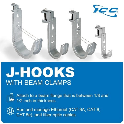 ICC ICCMSJHB22 Beam Clamp J Hook 3/4\\" Without Retainer Clip, Galvanized Steel Cable Management Hooks for Hanging Cable to Beams, Rust-Resistant, EIA and TIA Compliant, 25-Pack