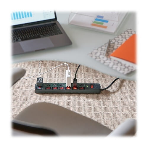Tripp Lite TLP76MSGB ECO-Surge 7-Outlet Surge Protector, 6\' (1.83 m) Cord, 1080 Joules, 6 Individually Controlled Outlets, Black Housing