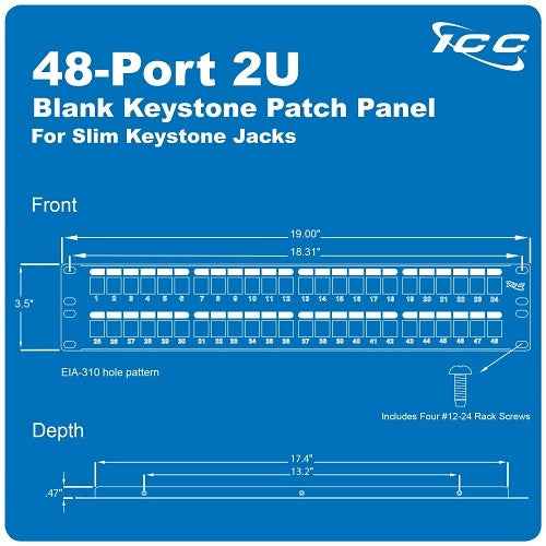 ICC IC107BP482 48-Port Blank Keystone 2U RMS Patch Panel with 19\\" Metal Rackmount Housing for Slim Profile Keystone Jacks