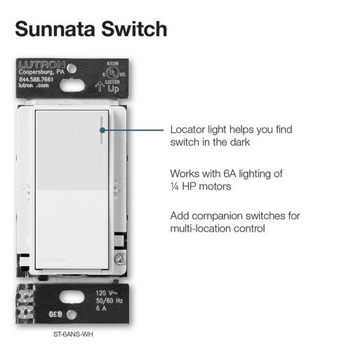 Lutron ST-6ANS-RW Sunnata On / Off Switch, 6A Lighting or 3A 1 / 10HP Motor, Single Pole / Multi-Location, Architectural White