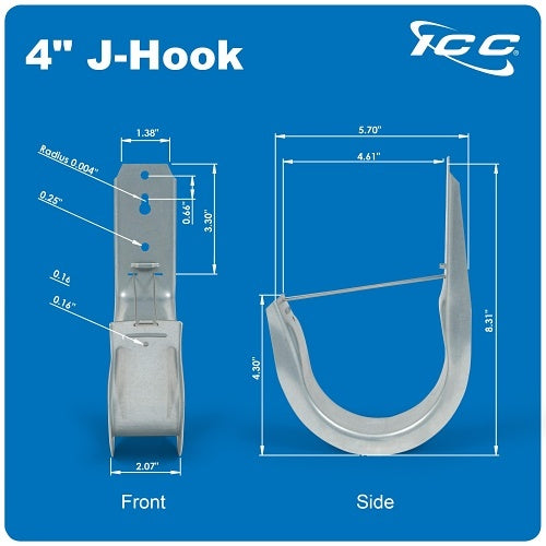 ICC ICCMSJHK55 4\\" Wall Mount J-Hook for Structured Cabling and Cable Management, Cable Support Hooks with Retainer Clips, Galvanized Steel with Zinc, 25-Pack