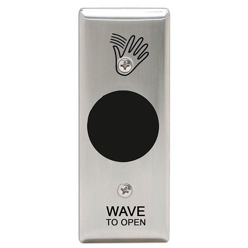 Camden CM-333/41SN ValueWave Powered Touchless Switch, 12/24V AC/DC, 1-Relay, Single Gang, Stainless Steel Narrow Faceplate, Hand Icon and 'WAVE TO OPEN' Text