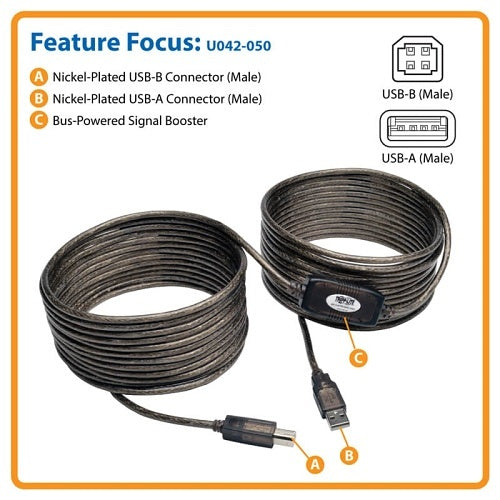 Tripp Lite U042-050 USB 2.0 A to B Active Repeater Cable (M/M), 50\' (15.24 m)