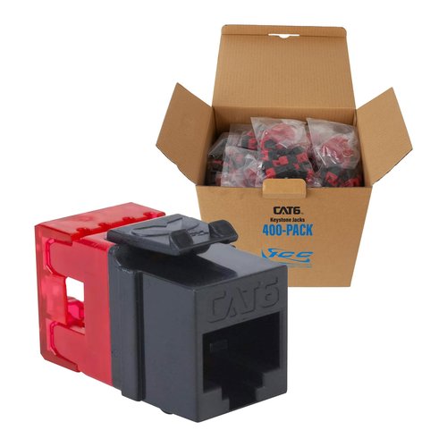 ICC IC107F6RBK CAT6 Keystone Jack with Slim Profile 180° Punch Down, RJ45PoE++ for Wall Plate or Patch Panel, 400-Pack, Black