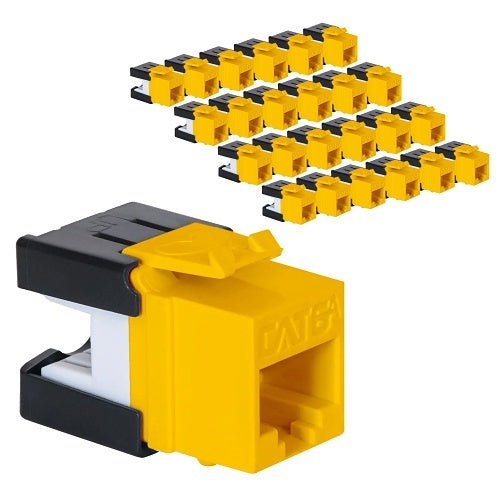 ICC IC107GACYL CAT6A Keystone Jack with Slim Profile 180-Degree Punch Down, 10Gbps RJ45 UL Listed PoE++ TAA Compliant, Wall Plate or Patch Panel, Works with JackEasy Termination Tool, 25-Pack, Yellow