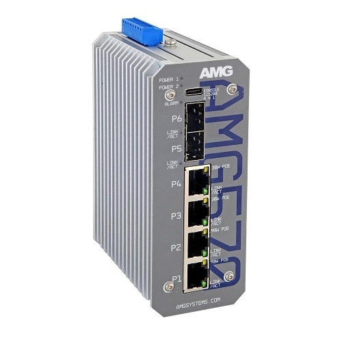 AMG Systems AMG570-2GBT-2GAT-2S-P240 AMG570 Series Layer 2+ Managed Industrial Ethernet Switch, 4x 10/100/1000TX, 2x 90W, 2x 30W PoE, 2x 100M/1G/2.5G SFP Switch, 52V, 240W PSU, DIN Rail, 2x 1Gb MM SFP