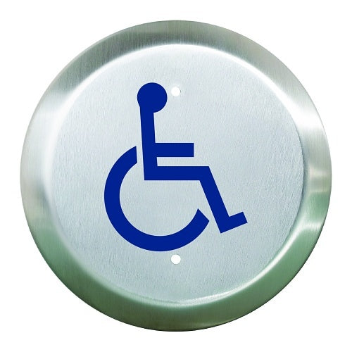 Camden CM-60/2-WT 6\\" Round Push Plate Switch, \'WHEELCHAIR\' Blue Symbol, Boot and Water-Tight Coating
