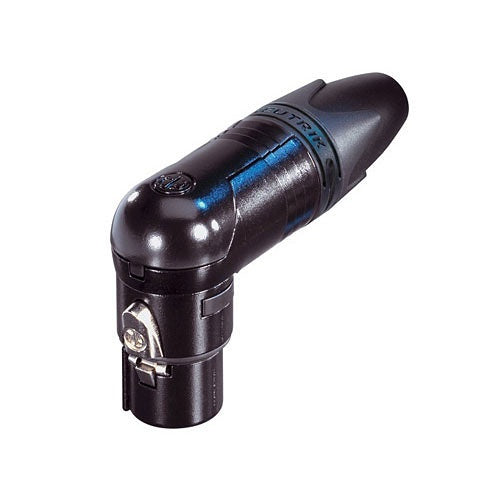 Neutrik NC3FRX-B RX Series 3-Pin Right Angle Female Cable Connector, Gold Contacts, Black Metal Housing Image of NM-NC3FRXB