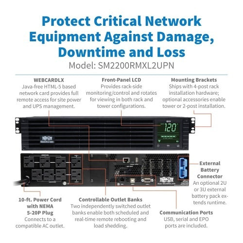 Eaton Tripp Lite SM2200RMXL2UPN SmartPro 120V 2200VA 1920W Line-Interactive Sine Wave UPS, 2U, Extended Run, WEBCARDLXE, LCD, USB, DB9
