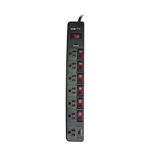 Tripp Lite TLP76MSGB ECO-Surge 7-Outlet Surge Protector, 6\' (1.83 m) Cord, 1080 Joules, 6 Individually Controlled Outlets, Black Housing