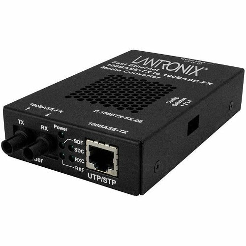 Lantronix E-100BTX-FX-06-UK E-100BTX Series Media Converter 100BASE-TX RJ-45 to 100BASE-F 100BASE-FX, Multi-Mode ST, UK Power Outlet