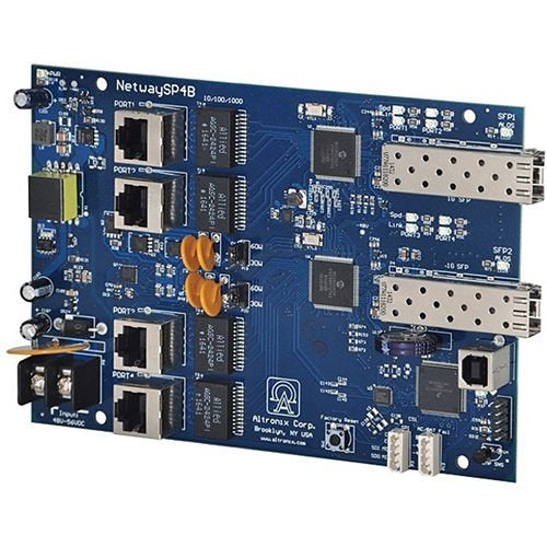 Altronix NetWaySP4B Dual 1G Fiber SFP, 4x 10/100/1000 PoE/PoE+, configurable for 2x 60W Hi-PoE; Hardened, Switch Board Only, LINQ