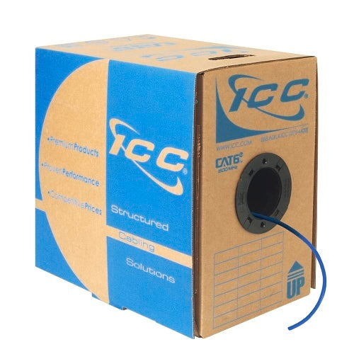 ICC ICCABT6EBL CAT6e CMP Plenum 23AWG 100% Solid Pure Copper Unshielded Bulk Ethernet Cable, UTP, PoE++, 600 MHz, UL Certified, ETL Verified, 1000\' Reelex Pull Box, Blue