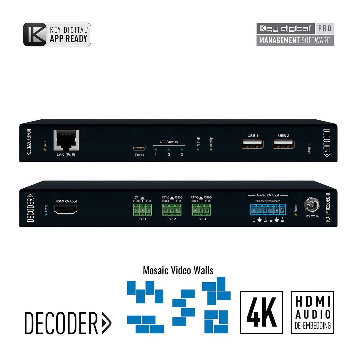 4K AV over IP Decoder w- Independent A/V & KVM, Video Wall
