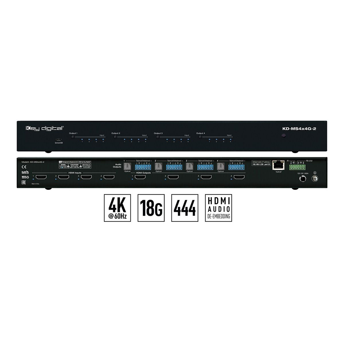 4x4 4K-18G HDMI Matrix Switcher, w- Indep-Toslink Audio