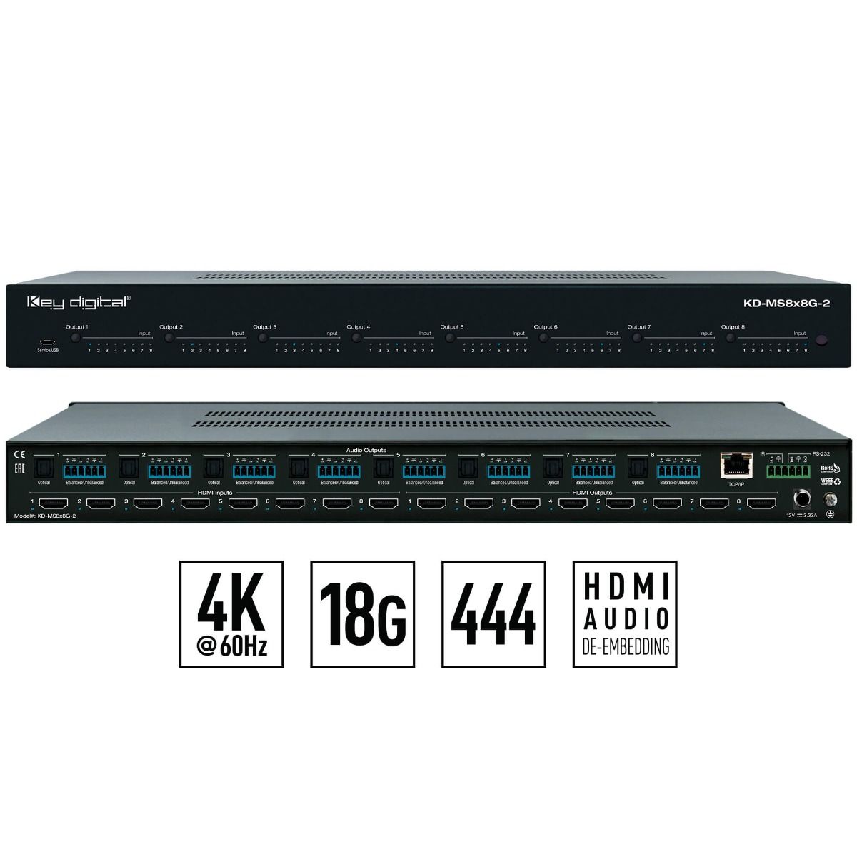 8x8 4K-18G HDMI Matrix Switcher, w- Indep-Toslink Audio