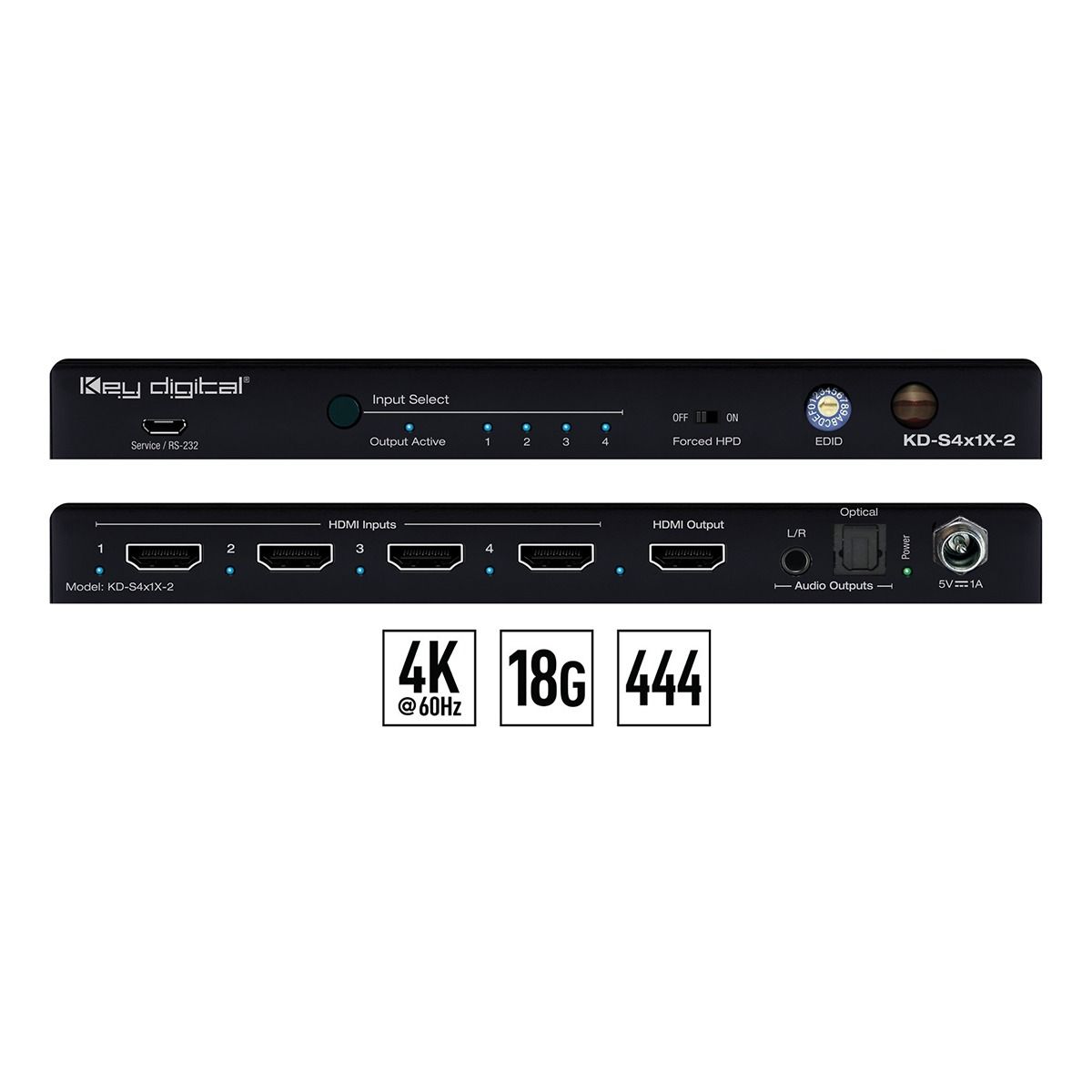 4x1 18Gbps HDMI Switcher w- RS232, Optical & Analog Audio v3