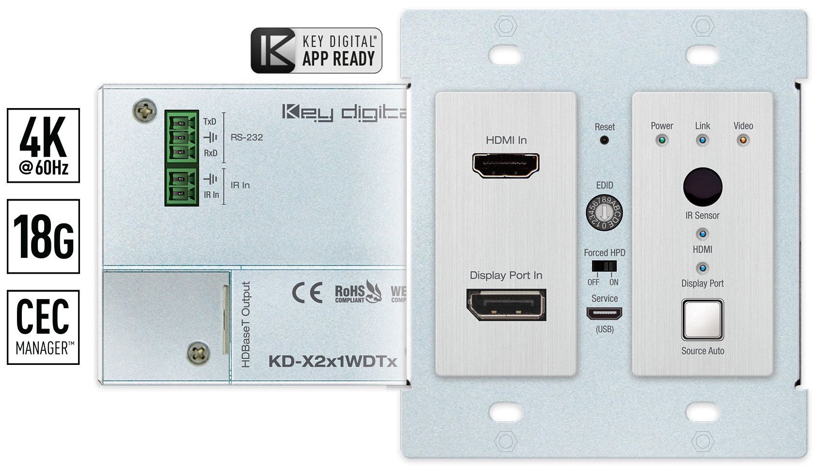 HDMI and Display Port 2x1 18Gbps Wall Plate Transmitter Only