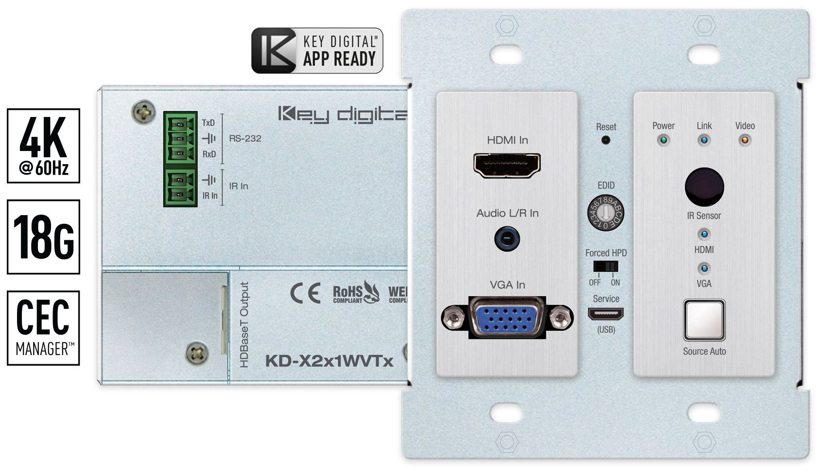 HDMI and VGA 2x1 18Gbps Wall Plate Transmitter