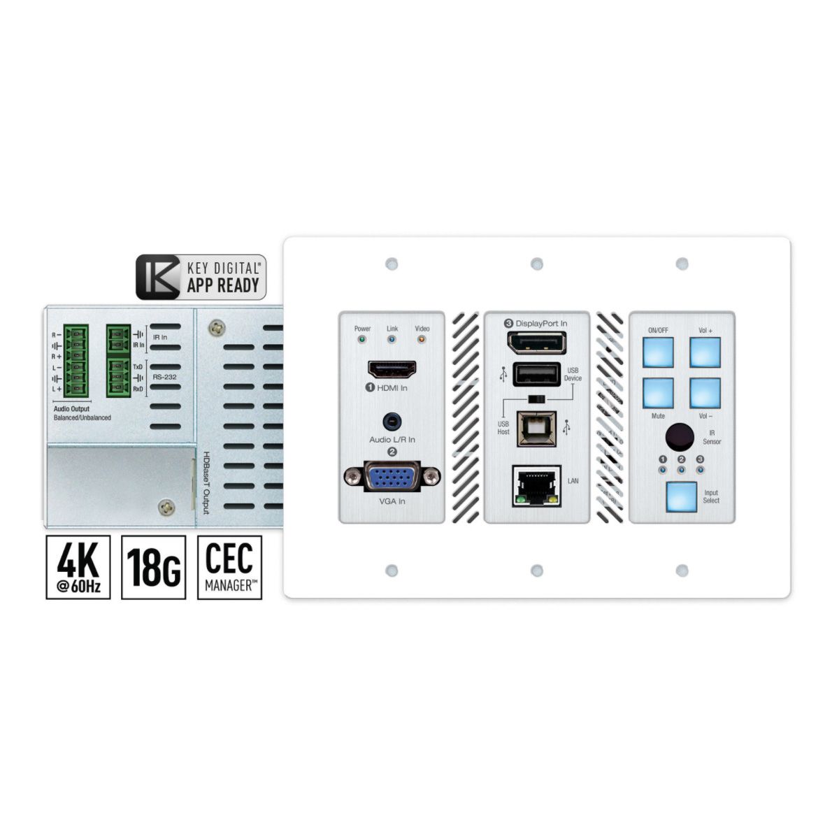 3x1 4K18G 428FT HDBT Transmitter Wall Plate Switcher