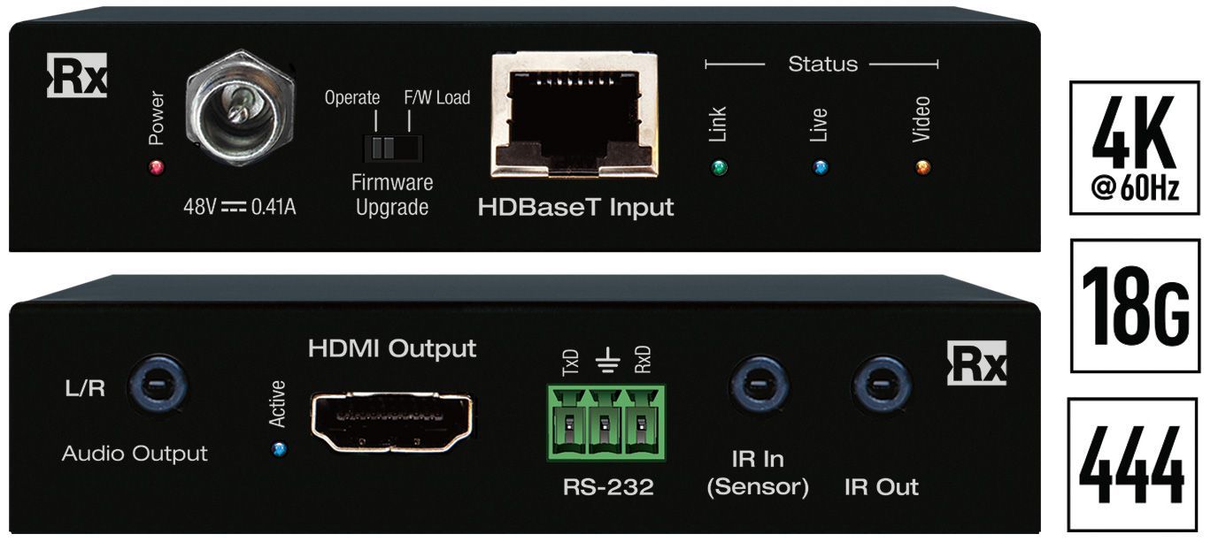 4K-18G HDBT Receiver (40m) with L-R Audio De-Embed, IR, RS-2