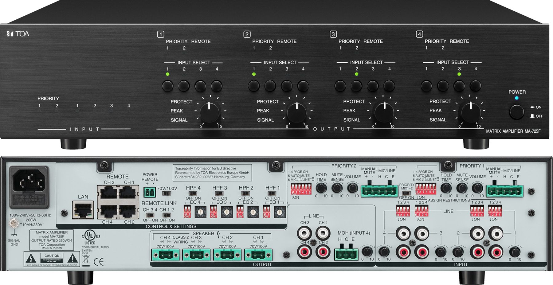 250W x 4 6 input Matrix-Mixer-Amp DSP 70V