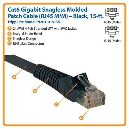 Eaton Tripp Lite N201-015-BK CAT6 Snagless Molded Gigabit Patch Cable, UPT, RJ45 M/M, 15\' (4.57m), Black