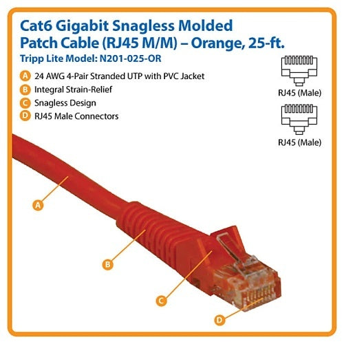Eaton Tripp Lite N201-025-OR CAT6 Snagless Molded Gigabit Patch Cable, UPT, RJ45 M/M, 25\' (7.62m), Orange