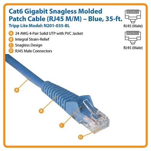Eaton Tripp Lite N201-035-BL CAT6 Snagless Molded Gigabit Patch Cable, UPT, RJ45 M/M, 35\' (10.67m), Blue