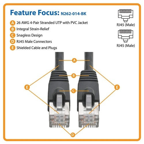 Eaton Tripp Lite N262-014-BK CAT6A 10G Shielded Snagless Patch Cable, STP, PoE, RJ45 M/M, 14\' (4.27m), Black