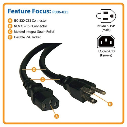 Eaton Tripp Lite P006-025 Desktop Computer AC Power Cord, NEMA 5-15P to C13, 10A, 125V 18 AWG, 25\' (7.62 m), Black
