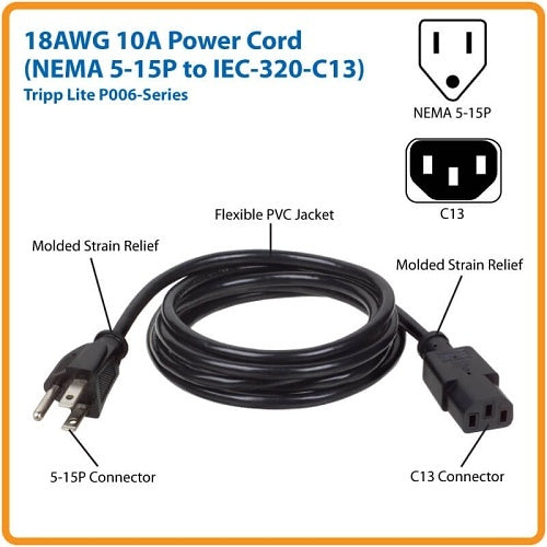Eaton Tripp Lite P006-010 Desktop Computer AC Power Cable, NEMA 5-15P to C13, 10A, 125V 18 AWG, 10\' (3.05 m), Black