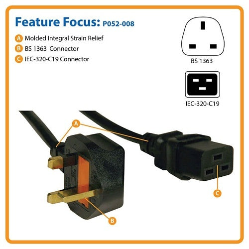 Tripp Lite P052-008 Power Cord Adapter, C19 to BS1363, 13A 250V, UK Plug, 8\'