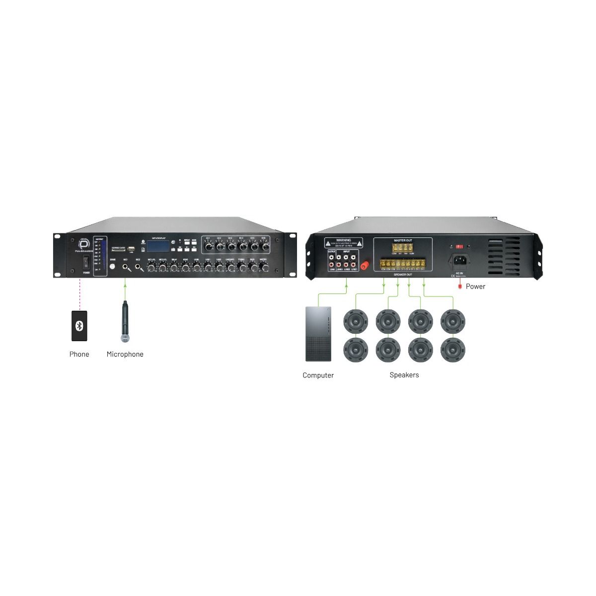 120W, 6-Ch 8Ohm/ 70v100v Commercial Amplifier w-Mic, BT & FM