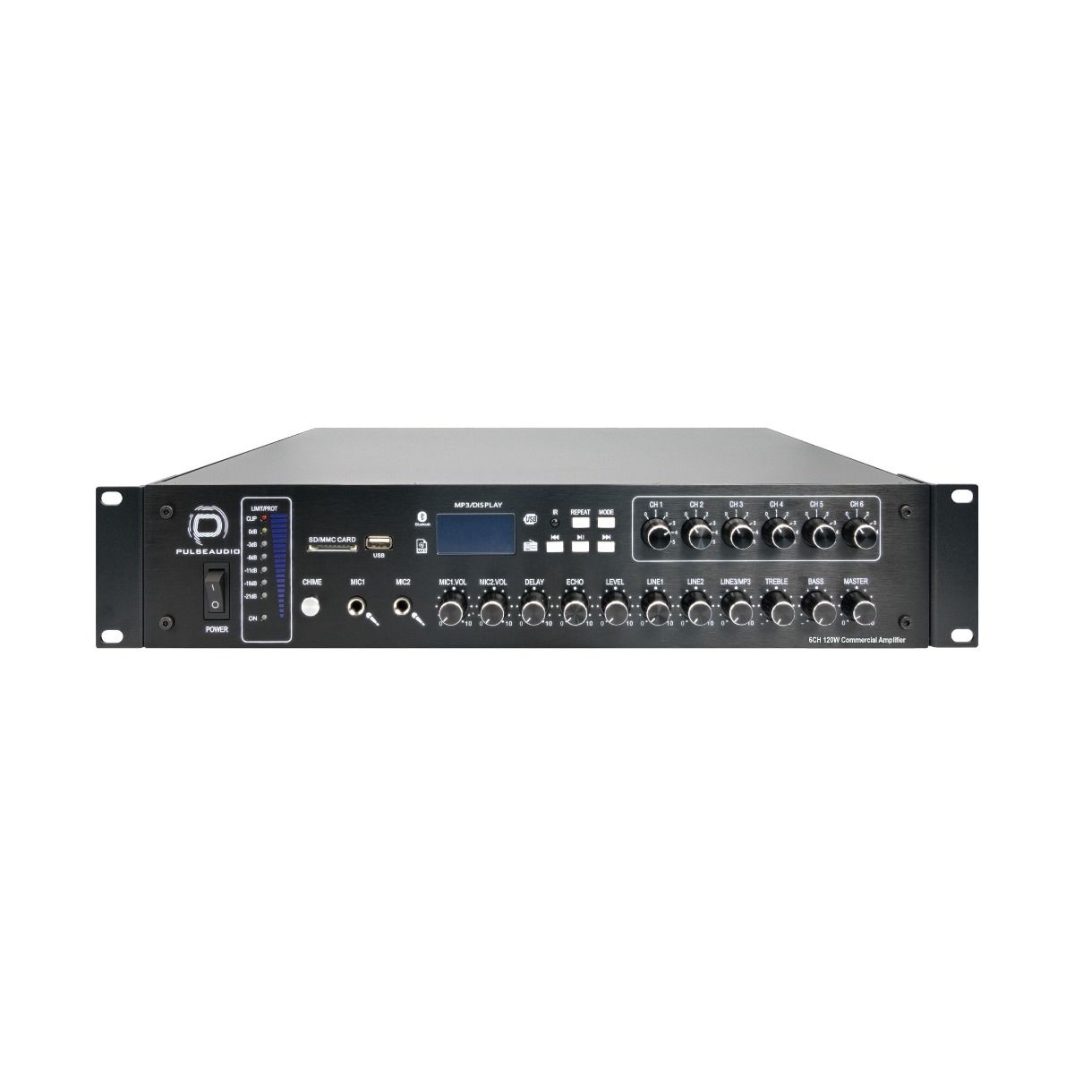 240W, 6-Ch 8Ohm/ 70v100v Commercial Amplifier w-Mic, BT & FM