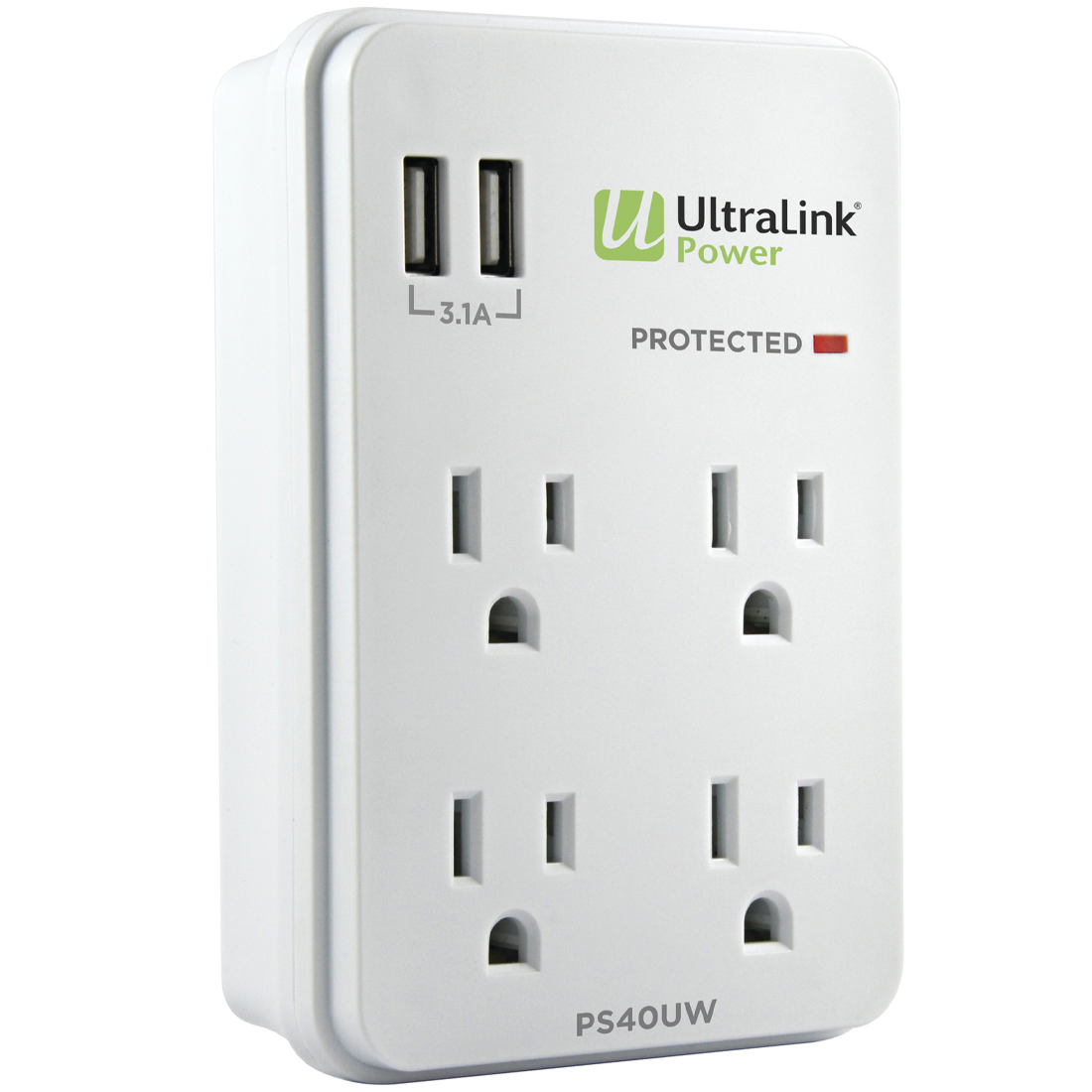 UltraPower 4 Outlet Wall Mount w 2x USB 900 Joules WH