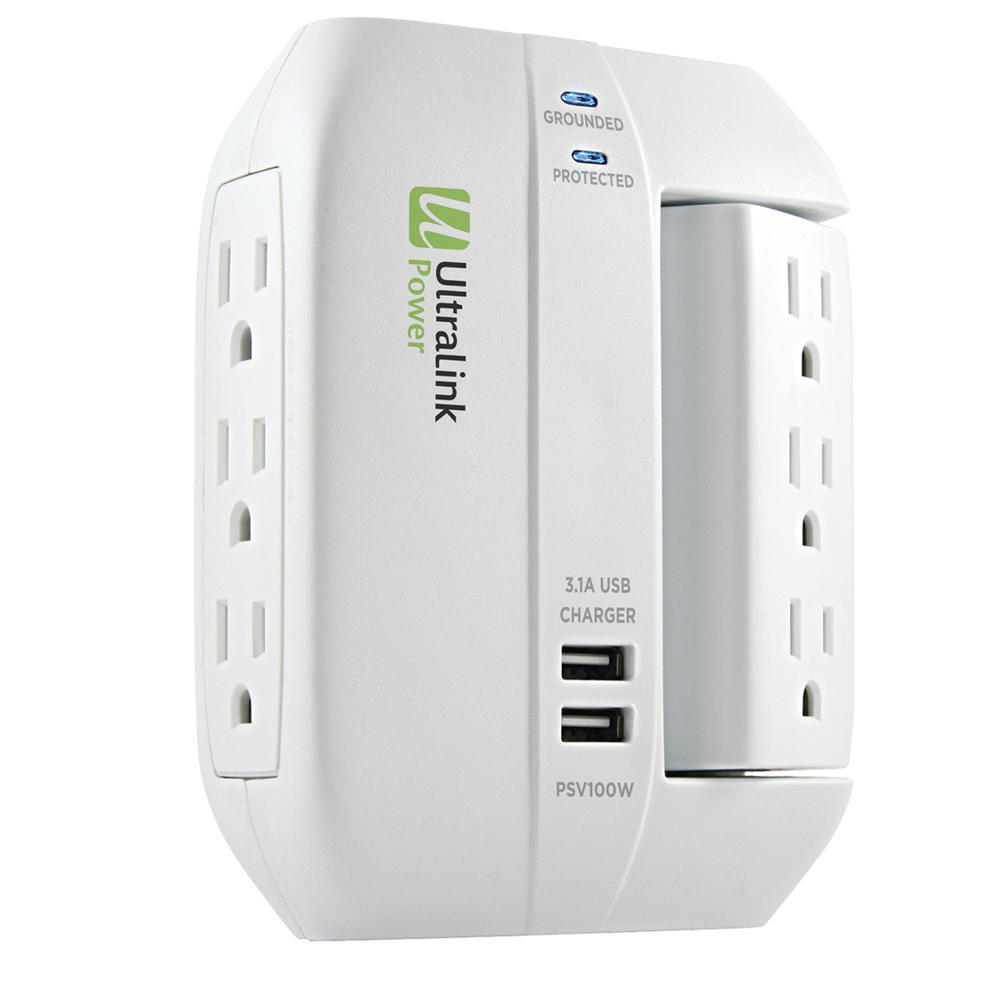 UltraPower 6 Outlet -3 Swivel Wall Mount 2x USB, 1200J-- WH