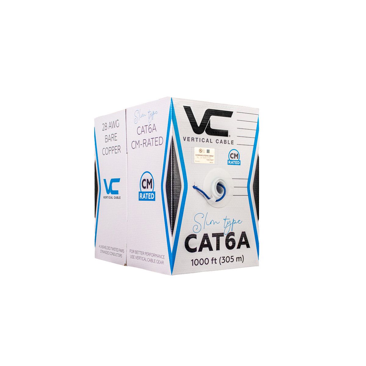 CAT6A - SLIM 28-4 Stranded Bare Copper, 1000ft PullBox, Blue