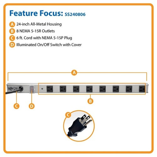 Eaton Tripp Lite SS240806 8-Outlet Power Strip with Surge Protection, 6\' (1.83 m) Cord, 1050 Joules, 2\' (0.61 m)