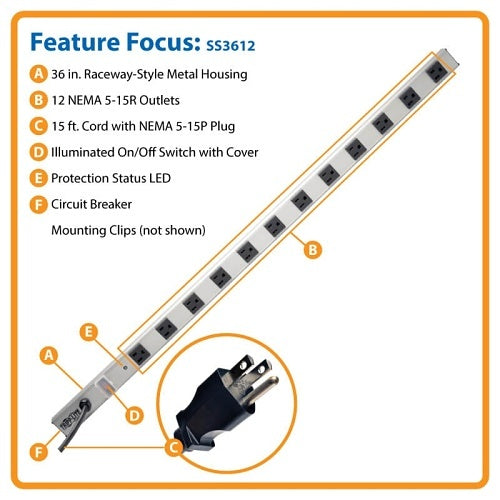 Eaton Tripp Lite SS3612 12-Outlet Power Strip with Surge Protection, 15\' (4.57 m) Cord