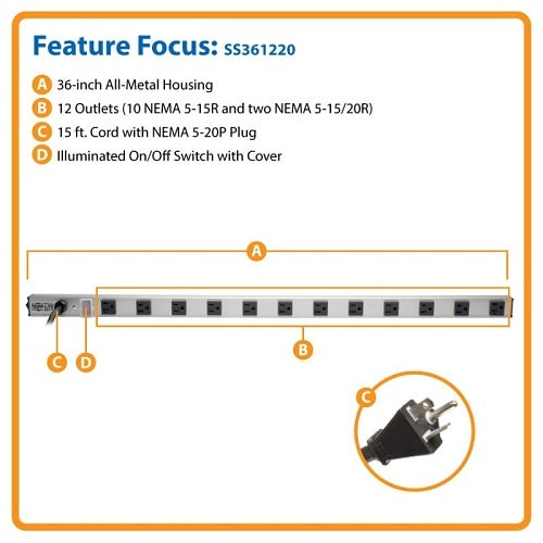 Eaton Tripp Lite SS361220 12-Outlet Power Strip with Surge Protection, 10-15A and 2-20A, 15\' (4.57m) Cord, 1650 J, 36\\" Length