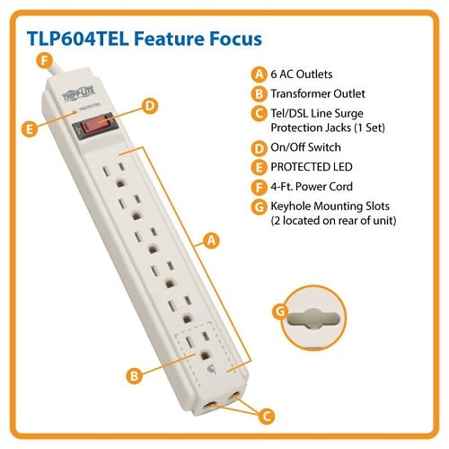 Tripp Lite TLP604TEL Protect It! 6-Outlet Surge Protector, 4\' (1.22 m) Cord, 790 Joules, Tel/Fax/Modem Protection