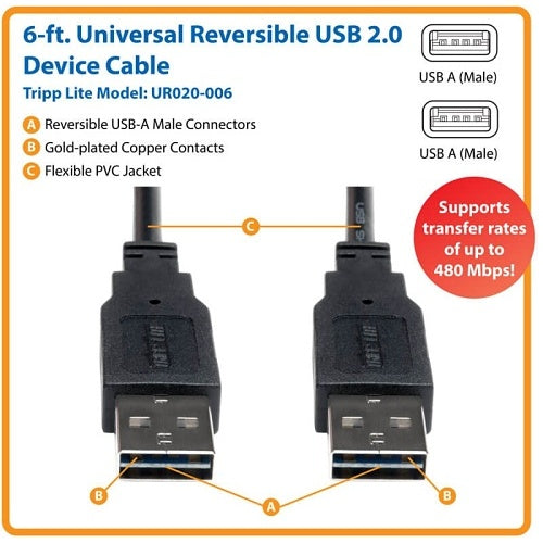 Eaton Tripp Lite UR020-006 6\' USB 2.0 High Speed Universal Reversible Connector Cable M/M, Black