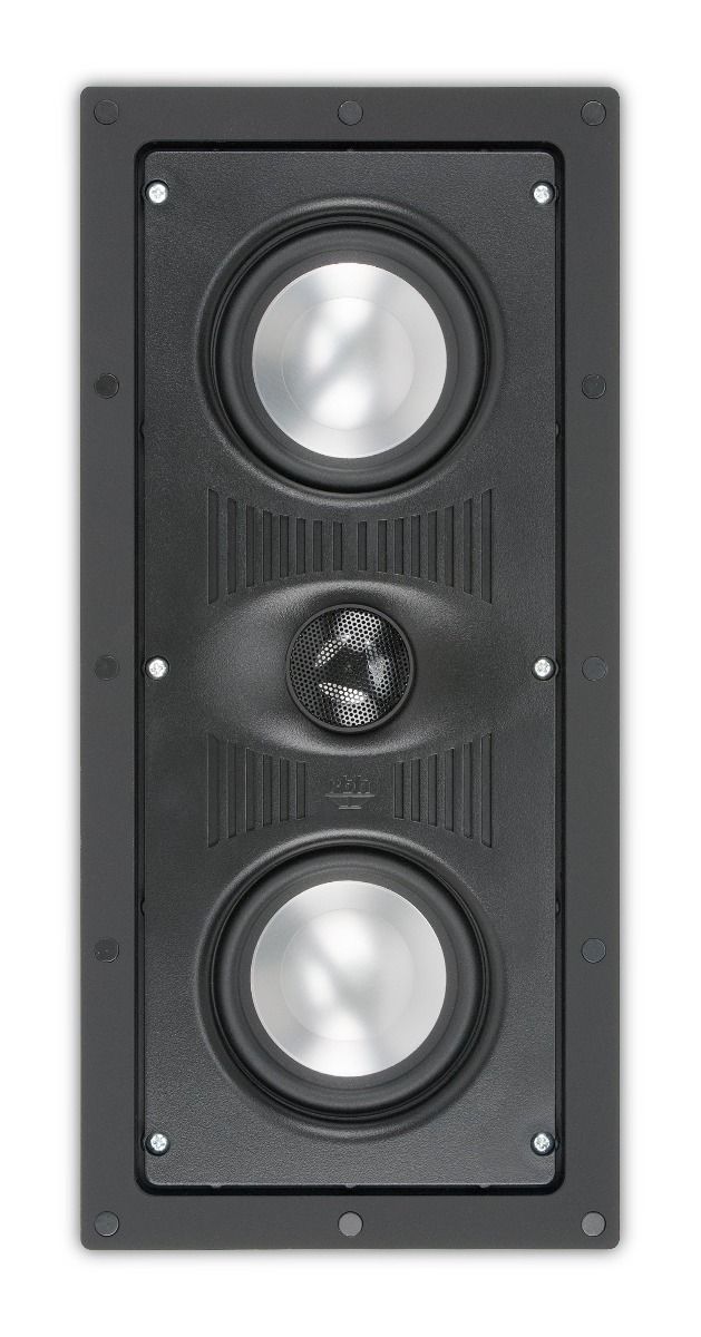 Dual 4 in metal cone woofers 2-way LCR in-wall speaker