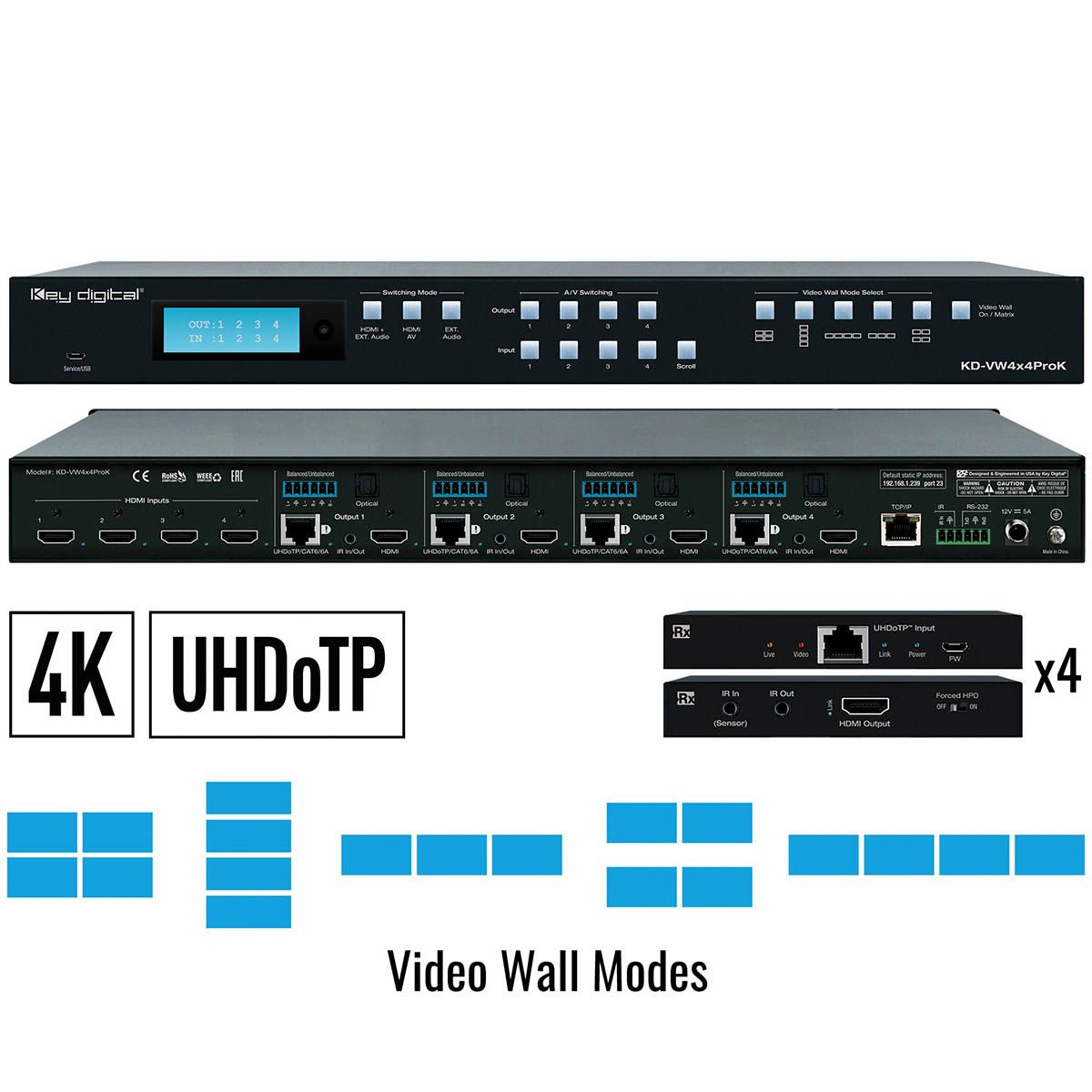 4x4 4K UHD HDMI Video Wall Processor, 4 RX Included